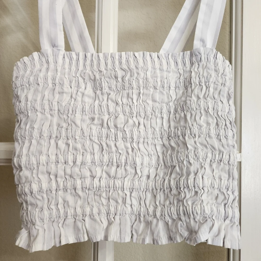 J.Crew White Gray Stripe Smocked Crop Top XS Cotton Tank BI479